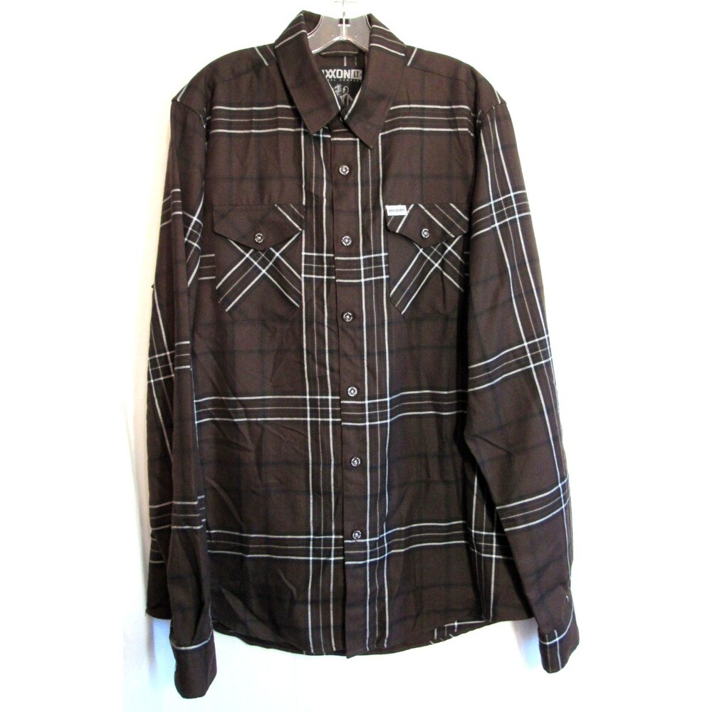 Dixxon Bon Scott Touring AC/DC Brown Plaid Flannel Button Down Shirt Size LT EUC